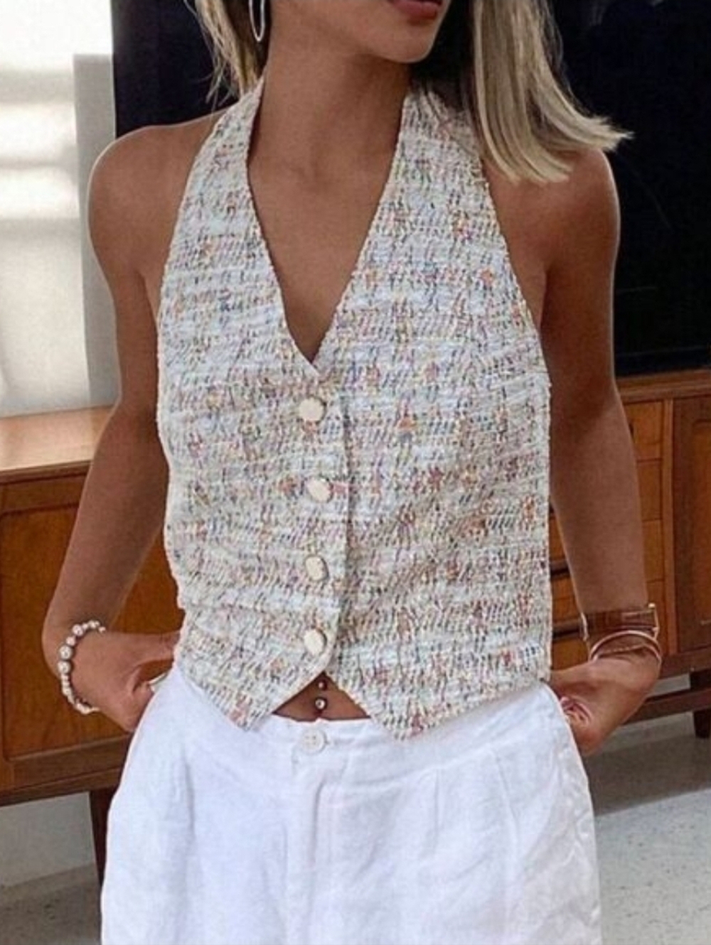 Nwt DAZY Tweed Button-Front Halter Vest Pastel/Cream Multi